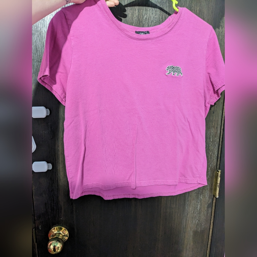 Rue 21 crop top womens pink checkered bear